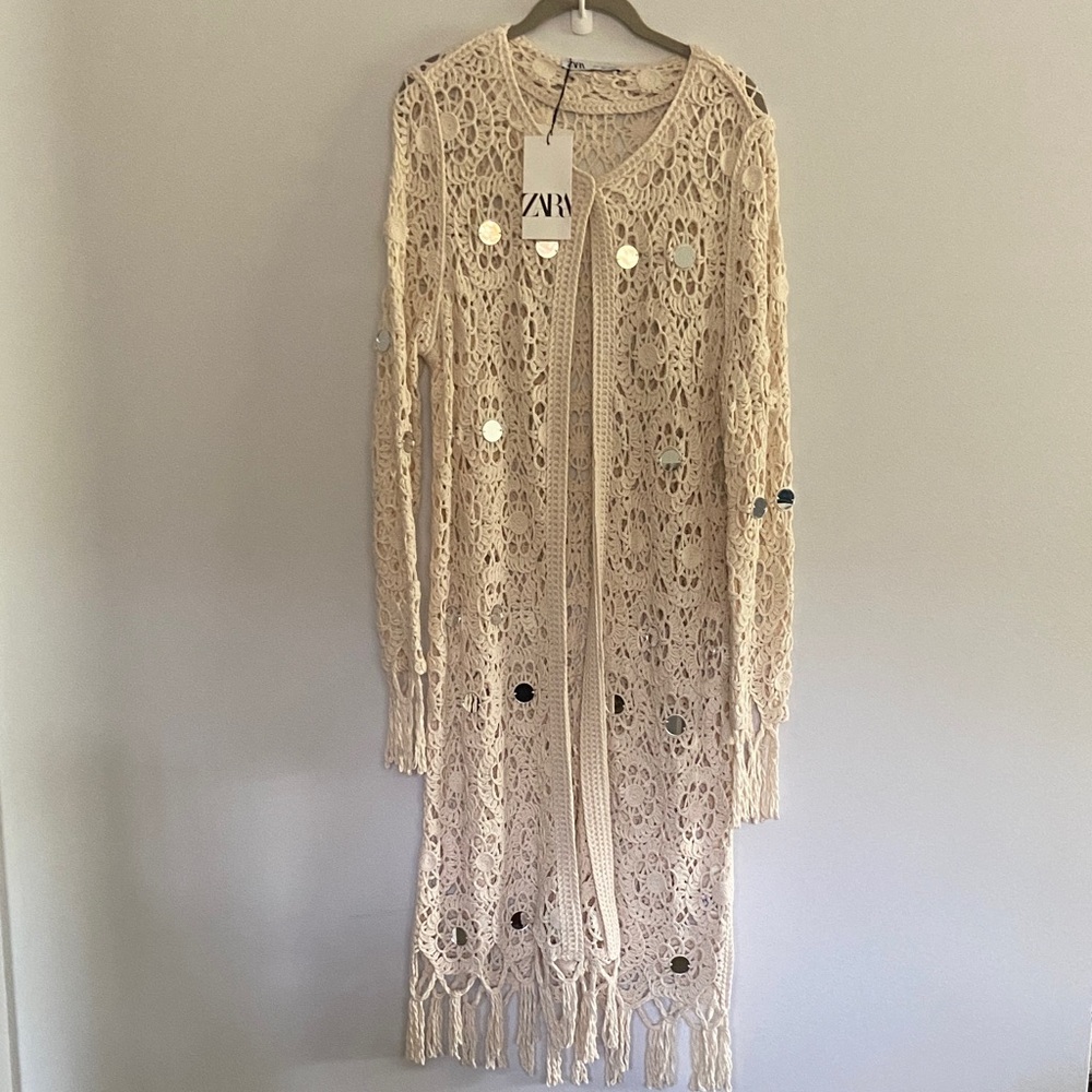 Zara Cream Crochet Long Cardigan with Sequin Mirrors